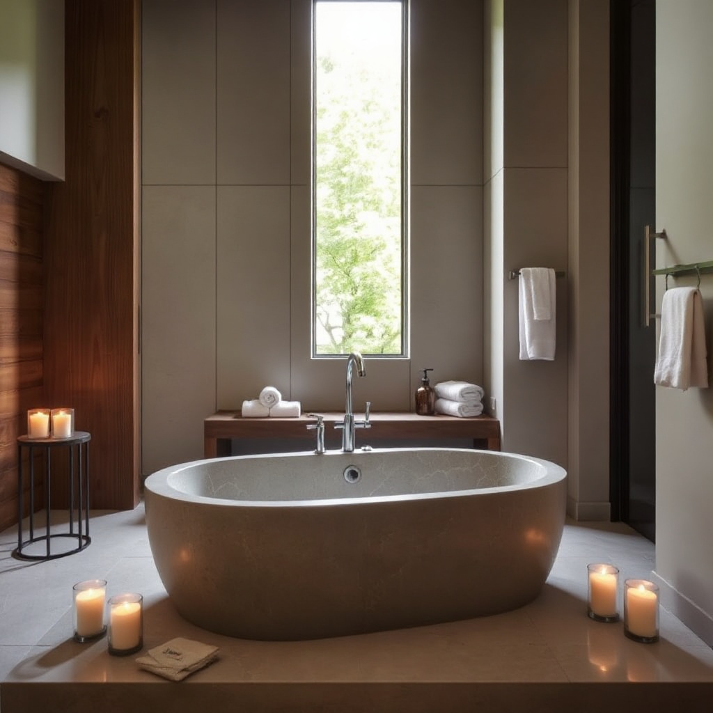Spa-inspired hotel bathroom with stone soaking tub and cedar accents