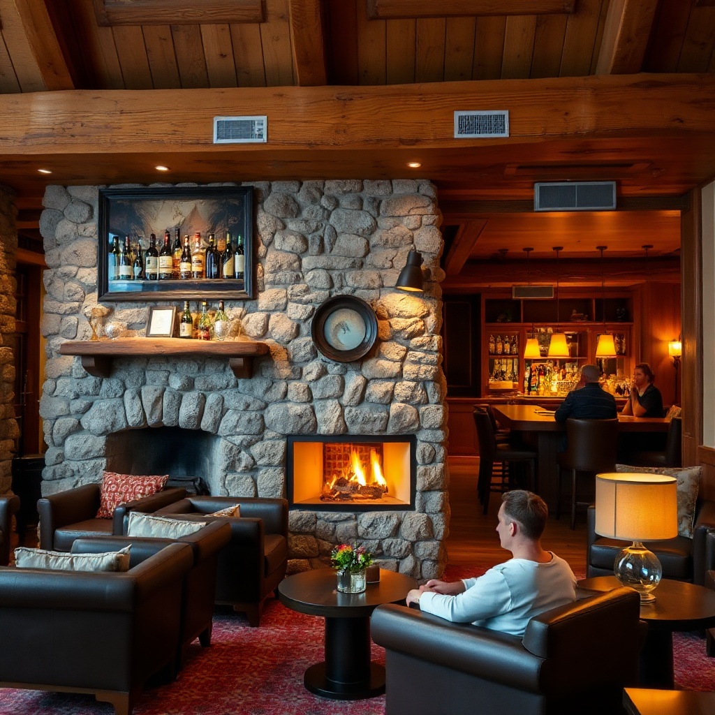 Cozy hotel lounge with stone fireplace and leather armchairs