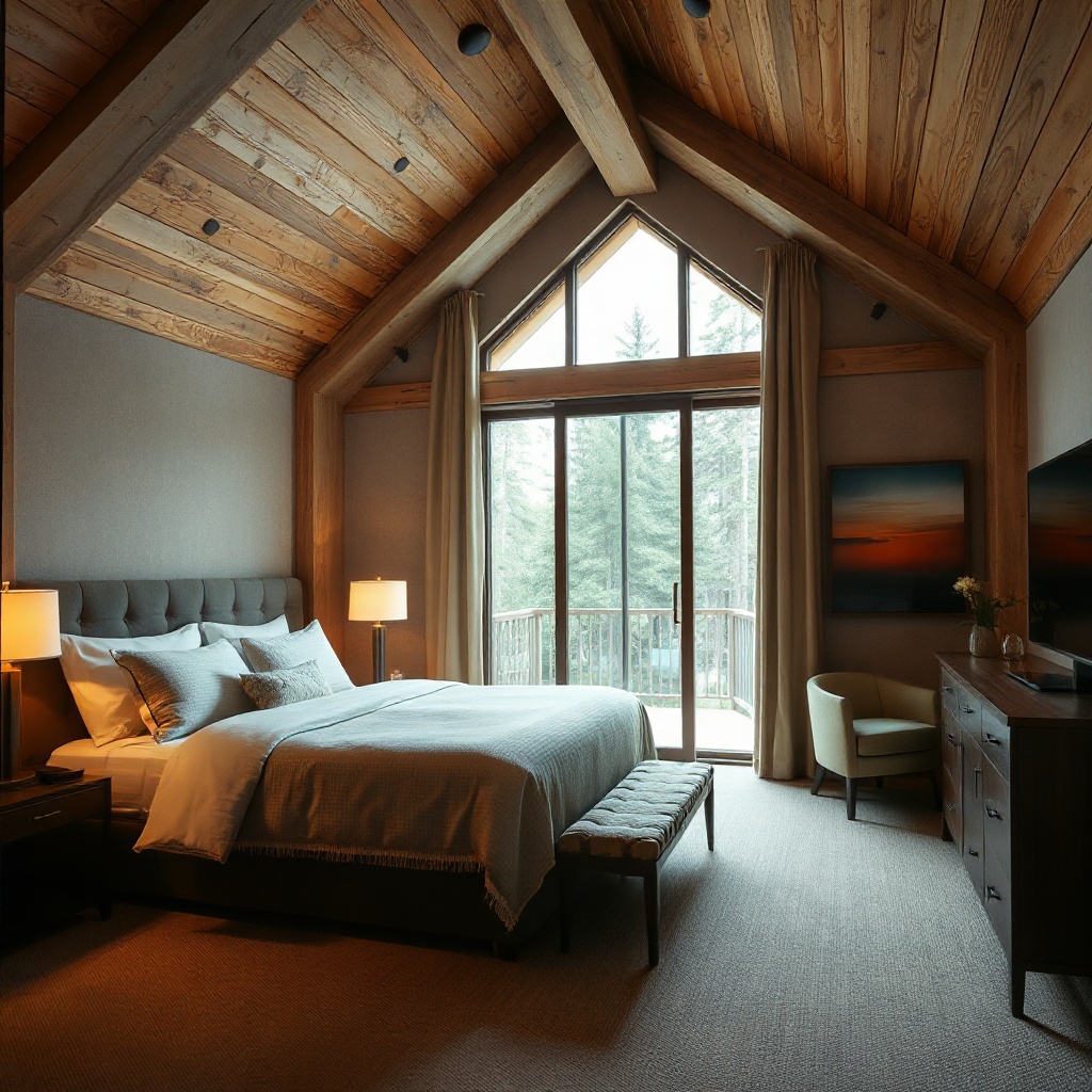 Luxurious cedar-wood hotel room with king bed and forest view